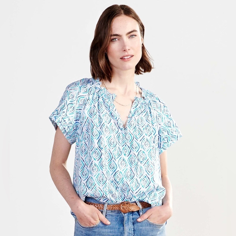 Hatley Ripples Blue Blouse Size Small A- Line Ruffles Buttons Womens - Picture 2 of 15